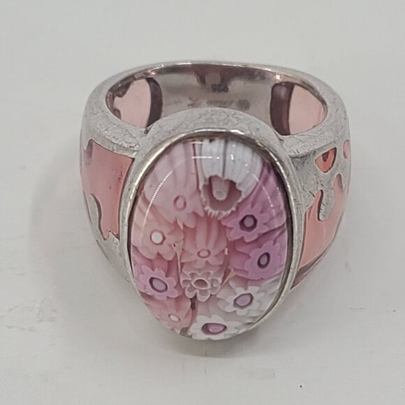 alan  K Sterling Silver 925 ring Pink floral Millifiori Glass Flower Ring - Picture 2 of 9